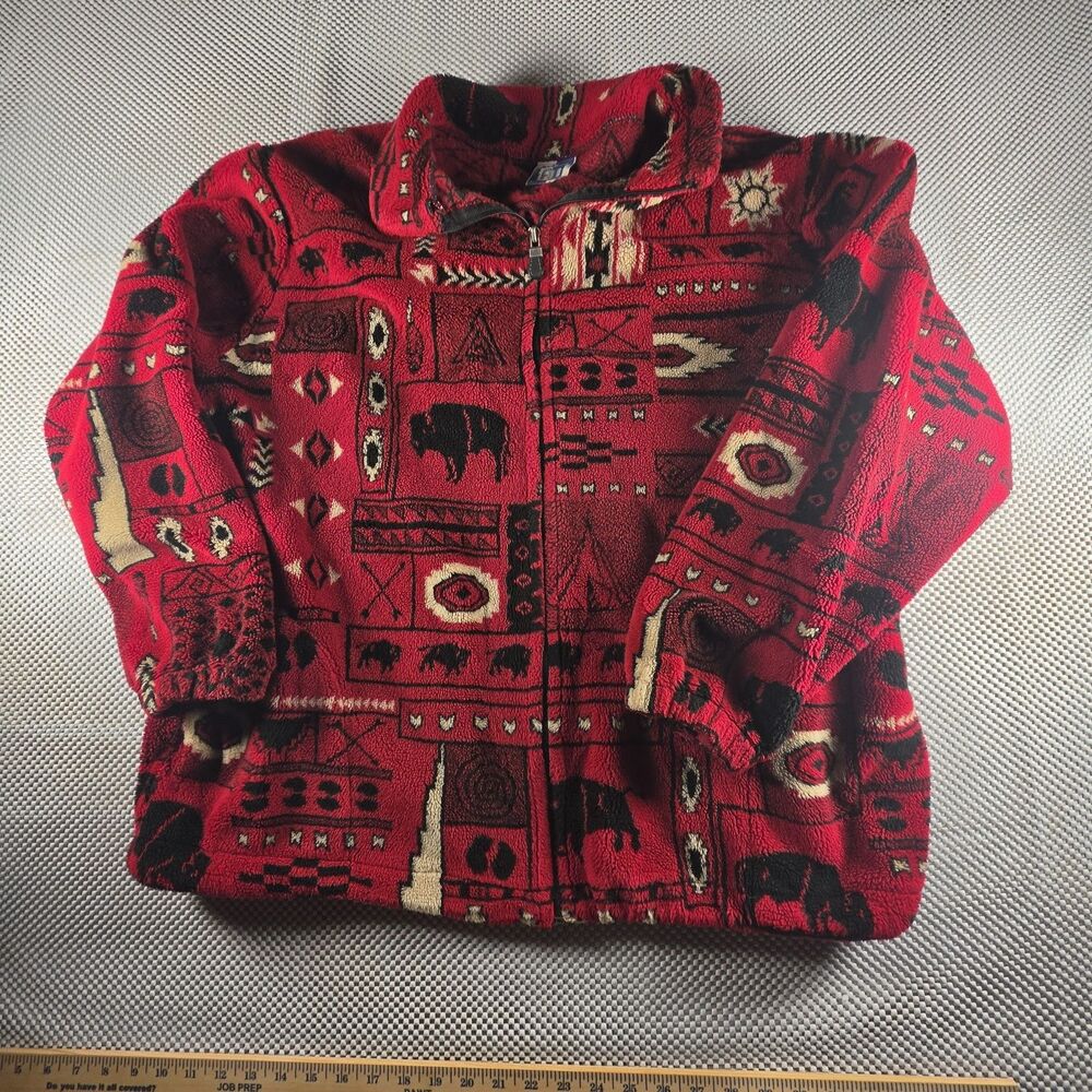 Vintage Art Unlimited Fleece Jacket XL Red Southwest Buffalo Bear Full Zip USA